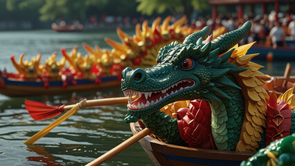 Fototapeta premium Dragon Boat Festival Close-Up: Vibrant Dragon Head Leading Rowers in Traditional Chinese Water Sport; Ideal for Use in Cultural Festival Marketing, Tourism Campaigns, Travel Brochures, and Event Promo