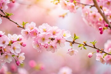 Spring vibes with pink bloom flowers on tiny tree branches against sky background