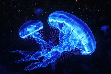 Glow-in-the-dark jellyfish swimming through a deep, dark ocean