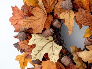 Detailed a fall wreath made from assorted leaves and acorns