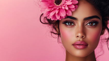 Naklejka premium Beautiful young hispanic latina woman with flowers and petals on her face. Beauty parlor horizontal banner concept, copyspace Light pink background.