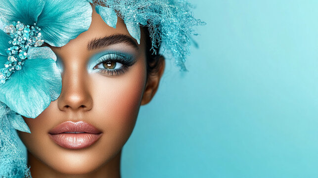 Beautiful young hispanic latina woman with flowers and petals on her face. Beauty parlor horizontal banner concept, copyspace Blue background.