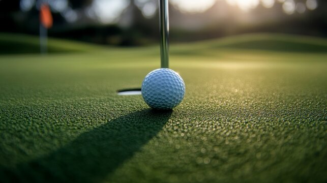 Macro shot of a golf ball about to drop into the hole, flag pin slightly blurred in the background, showcasing the precision of a perfect putt