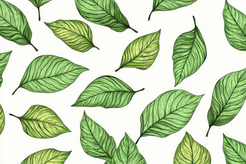 Seamless watercolor leaves pattern in vibrant green and blue hues with intricate details.