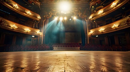 Empty stage of a theatre with light beams on wooden floor.