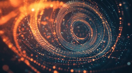 Spiral technology background of circular lines and dot connections. Abstract circle of glowing particles, big data transmission, internet network