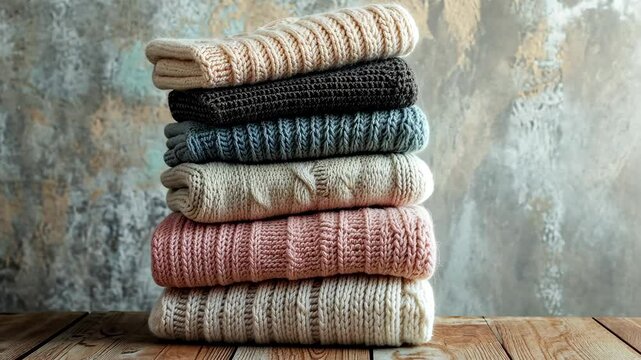 A stack of six knit sweaters sits on a wooden surface in front of a textured wall