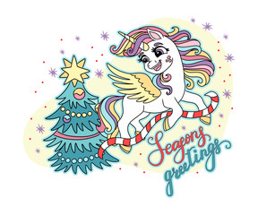 Christmas Unicorn and lettering seasons greeting vector card