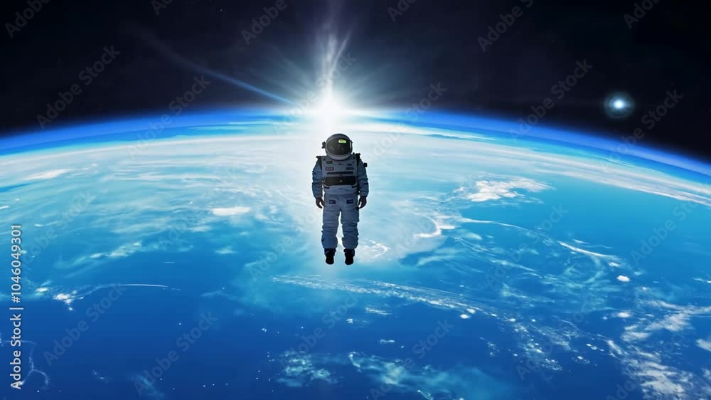 Wall mural wonder dreamy man's space senseblue vastness otherworldly spacesuit floating planet image it isolati