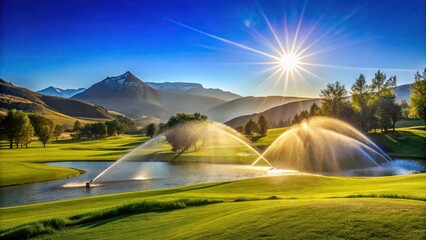 Sprinklers on golf course with clear blue sky and sunshine in Mosj?en, Nordland