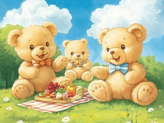 Playful teddy bears having a picnic in a sunny park with soft clouds
