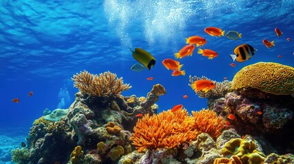 Desktop wallpaper a vibrant coral reef with tropical fish swimming in clear blue water