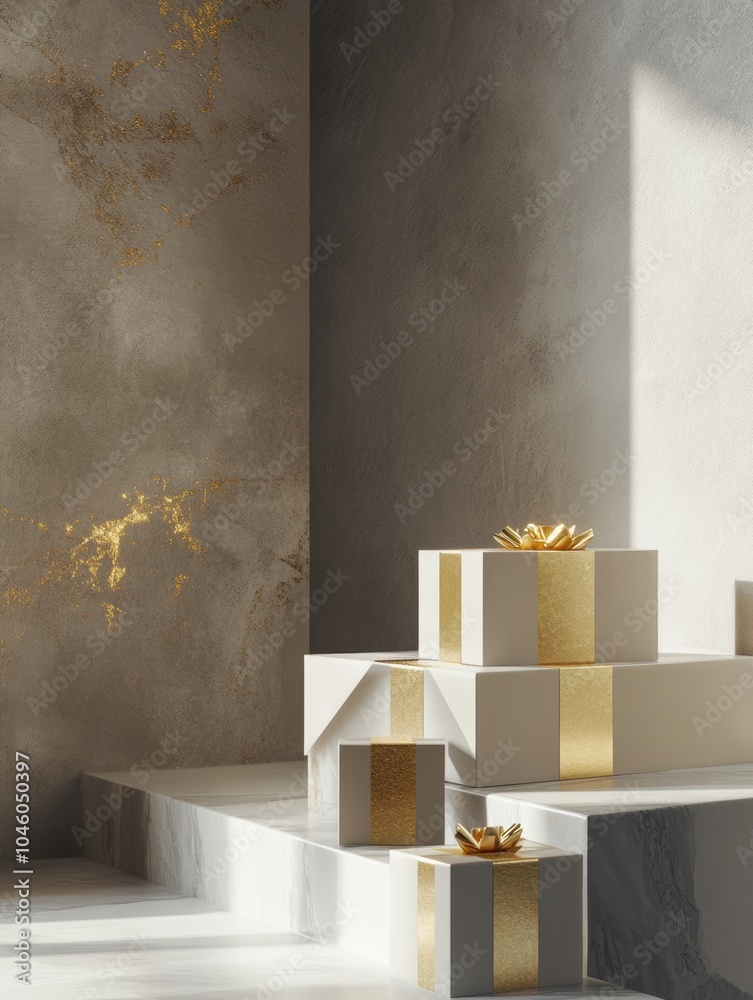 Poster three beautifully designed geometric gift boxes are arranged on steps, illuminated by soft light tha