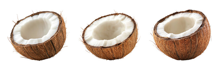 Obraz premium PNG Fresh Coconut Halves with White Flesh and Brown Shells Isolated on Transparent Background