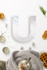 alfabeto lettera U con coni di pino, su sfondo bianco