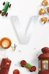 alfabeto lettera V con coni di pino, su sfondo bianco