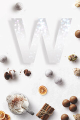 alfabeto lettera W con coni di pino, su sfondo bianco