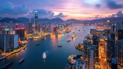 Fototapeta premium Stunning aerial view at night of golden like street in Hong Kong 
