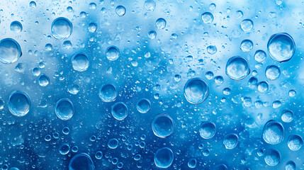 Water drops or oil bubbles on blue background Droplets panorama picture 