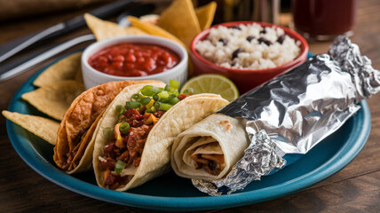 Delicious Tacos with Salsa, Rice and Burrito