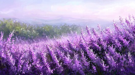 Obraz premium A painting of a field of purple flowers with mountains in the distance is an artwork depicting a field of purple flowers and mountains in the background