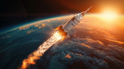 Obraz premium A rocket blasts off into space with the Earth in the background. AI.