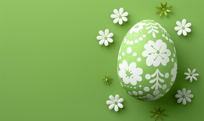 A decorated green Easter egg with white flowers. AI.