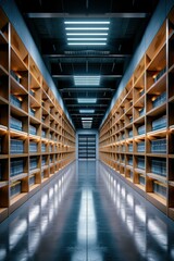Fototapeta premium A long hallway lined with bookshelves. AI.
