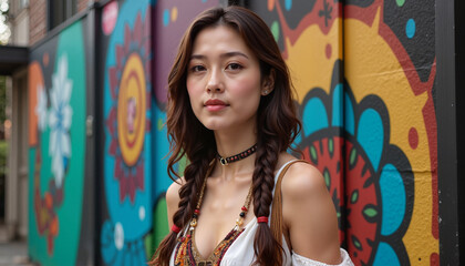 Fototapeta premium Woman with braids posing against colorful mural background