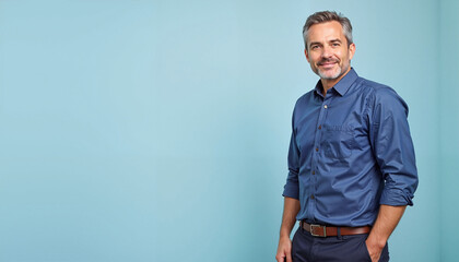 Fototapeta premium Confident mature man smiling against blue background, lonely person on a colored background