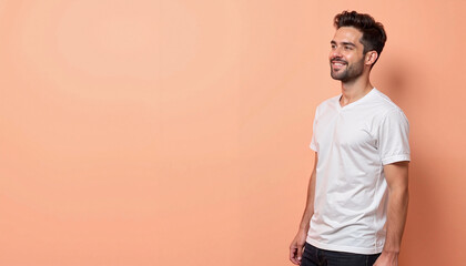 Smiling man in white t-shirt on peach background, lonely person on a colored background