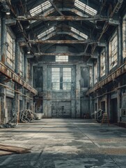 Fototapeta premium An old industrial building with a large open space. AI.