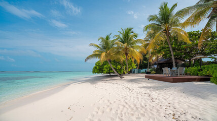 Obraz premium Tropical Paradise Beach with Palm Trees and Deck
