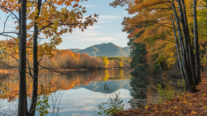 Autumnal Lake Reflection, Golden Trees, Mountains