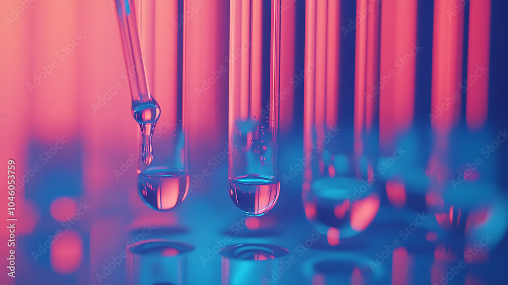 Poster test tube row concept of medical or science laboratory liquid drop droplet with dropper in blue red 