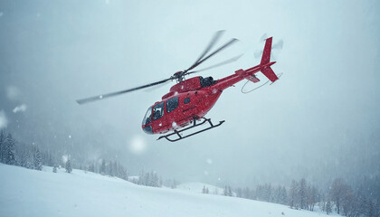 A red helicopter hovers in a snowstorm, showcasing resilience amid harsh weather.

