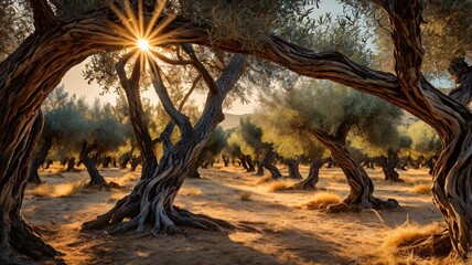 ancient olive groves, with golden evening light weaving through twisted trunks