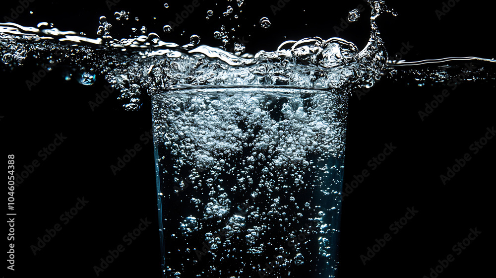 Poster Soda water bubbles splashing underwater against black background Cola liquid texture that fizzing and floating up to surface like a explosion in under water for refreshing carbonate drink concept 