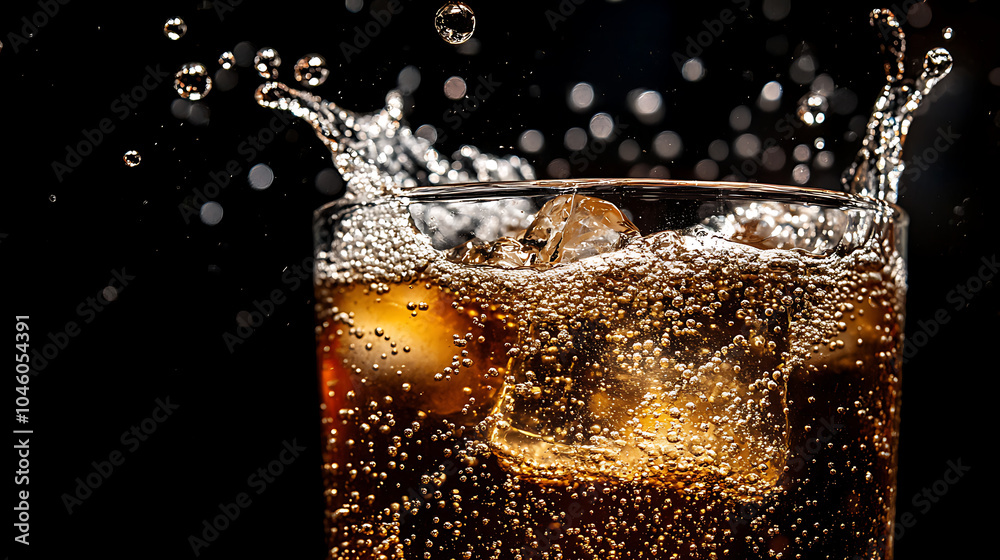 Poster Soda water bubbles splashing underwater against black background Cola liquid texture that fizzing and floating up to surface like a explosion in under water for refreshing carbonate drink concept 