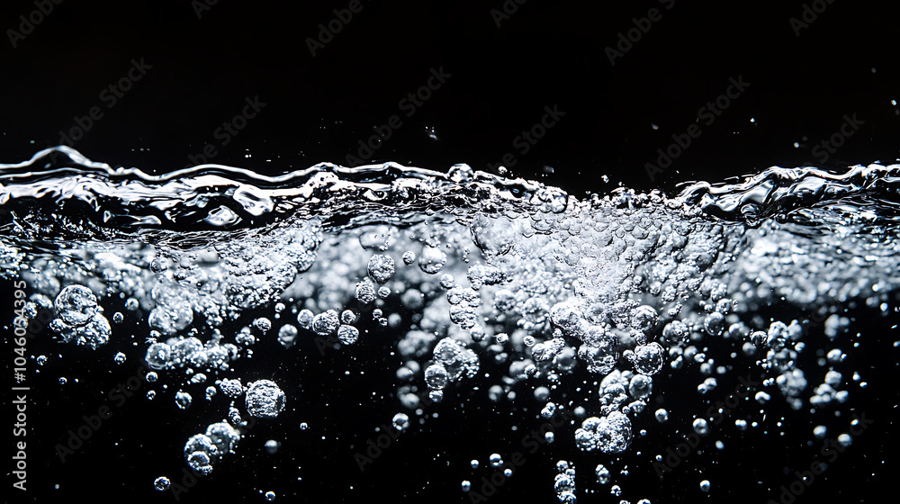 Poster Soda water bubbles splashing underwater against black background Cola liquid texture that fizzing and floating up to surface like a explosion in under water for refreshing carbonate drink concept 