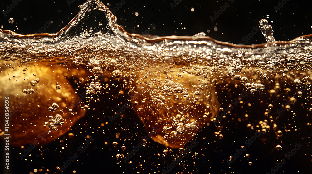 Poster Soda water bubbles splashing underwater against black background Cola liquid texture that fizzing and floating up to surface like a explosion in under water for refreshing carbonate drink concept 