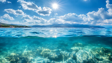 Obraz premium Split underwater view with sunny sky and serene sea