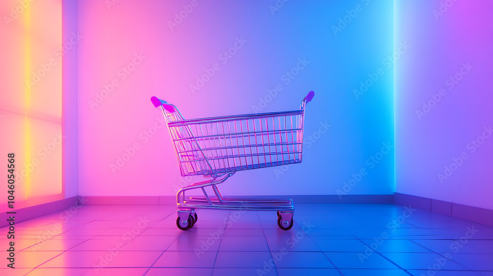 Poster shopping cart with neon colorful can be viewed in modern stores with copy space