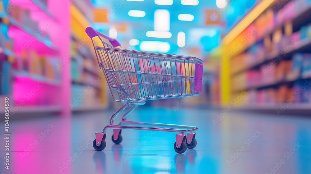Poster shopping cart with neon colorful can be viewed in modern stores with copy space