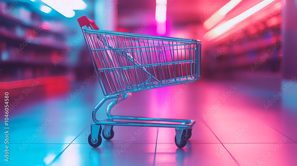 Poster shopping cart with neon colorful can be viewed in modern stores with copy space