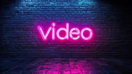 A neon sign that reads “video” in pink letters. The sign is illuminated and is on a brick wall.