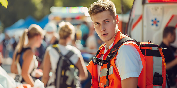Young Male Paramedic at Outdoor Emergency Scene with Rescue Equipment, Emergency Medical Technician Assisting at Outdoor Event

