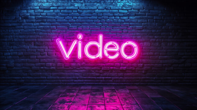 A neon sign that reads “video” in pink letters. The sign is illuminated and is on a brick wall.