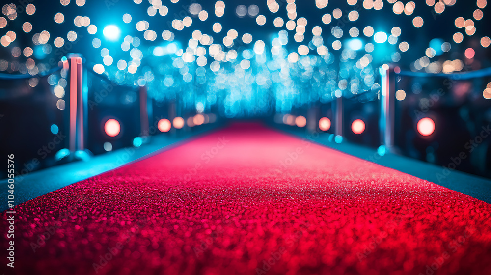 Poster red carpet rolling out in front of glamorous movie premiere background
