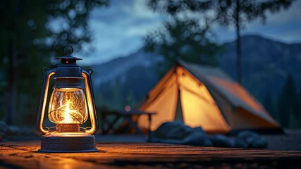 A lantern illuminates a wooden table in front of a campsite at night